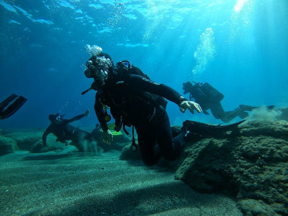 Diver exploring underwater rocks